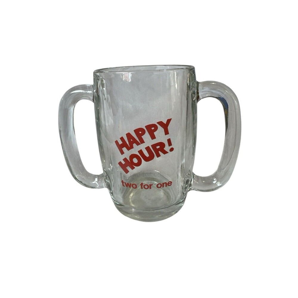 Vintage Anchor Hocking Double Handle Happy Hour Beer Mug Glass Barware Stein